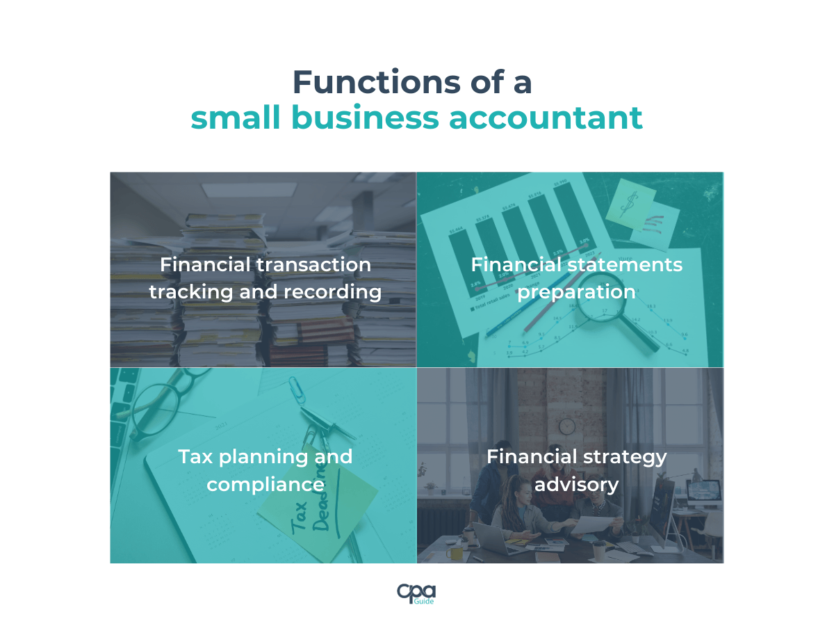 An image that shows the functions of a small business accountant which include financial transaction tracking and recording, financial statements preparation, tax planning and compliance, and financial strategy advisory, an important tip when you find a small business accountant near me.