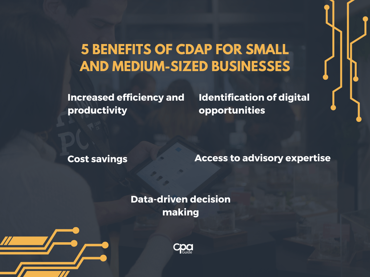 These are the 5 benefits of CDAP for small and medium-sized businesses: increased efficiency and productivity, identification of digital opportunities, cost savings, access to advisory expertise, and data-driven decision making.