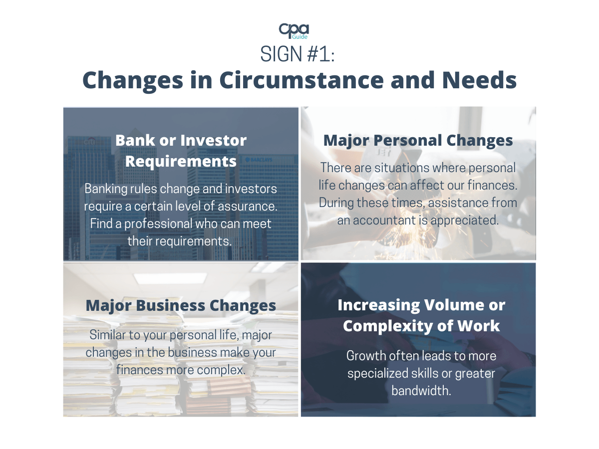 An infographic that explains sign number 1: changes in circumstance and needs. These changes are bank or investor requirements, personal changes, business changes, and increasing volume or complexity of work.