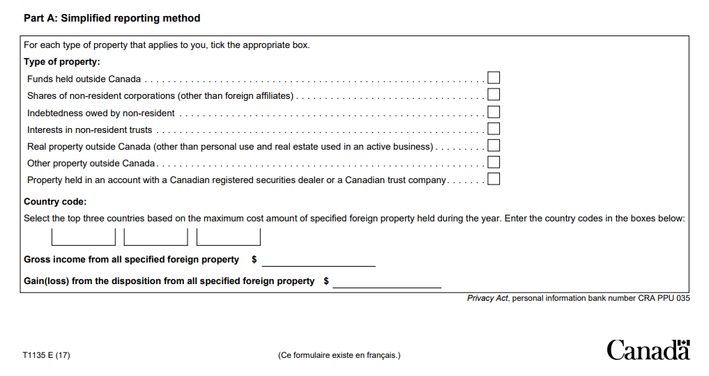 Simplified reporting method form T1135