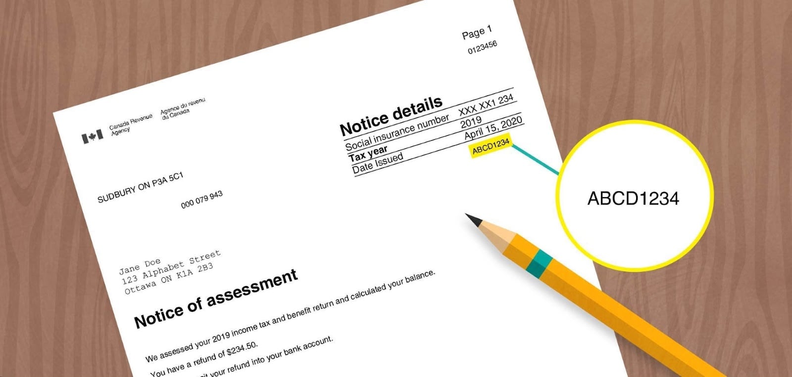 An example of a Notice of Assessment from the CRA that shows the NETFILE access code.